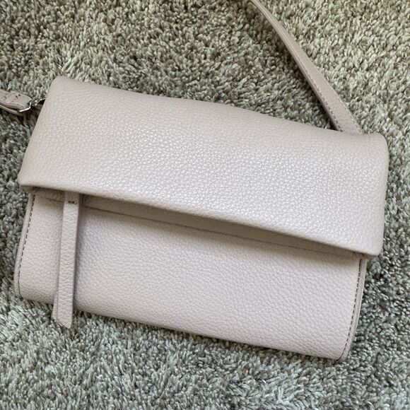Blush Pink Dusty Pink Leather Fold Over Crossbody Bag Purse With Zip Pockets - Picture 2 of 7